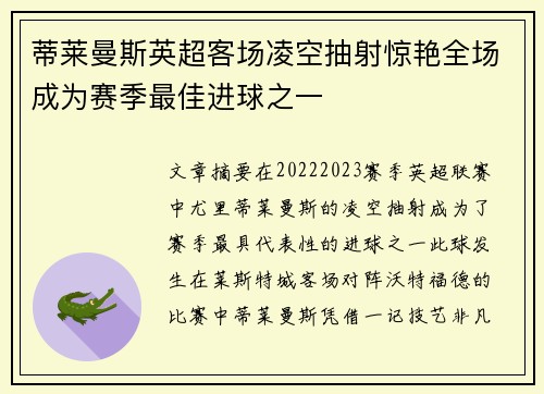 蒂莱曼斯英超客场凌空抽射惊艳全场成为赛季最佳进球之一 蒂莱曼斯英超客场凌空抽射惊艳全场成为赛季最佳进球之一