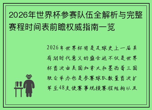 2026年世界杯参赛队伍全解析与完整赛程时间表前瞻权威指南一览 2026年世界杯参赛队伍全解析与完整赛程时间表前瞻权威指南一览